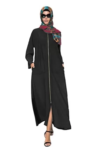 Muslim Women Long Sleeve Front Zipper Maxi Style Islamic Abaya - Medium Color: Black