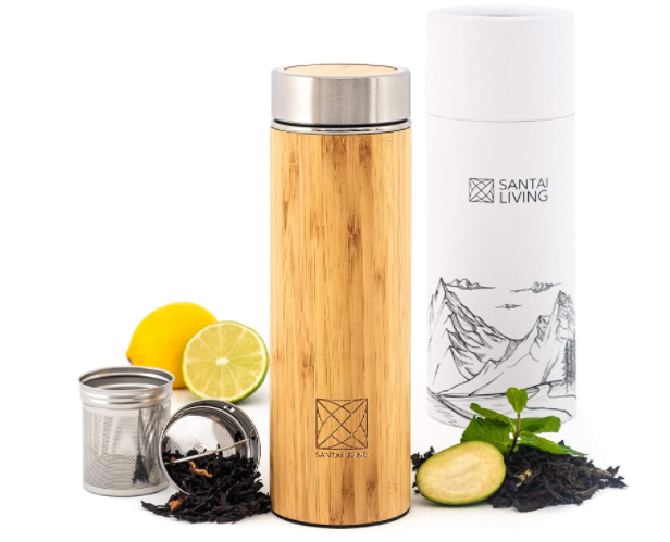 Bamboo & Stainless Steel Vacuum Insulated Thermo Bottle with Infuser & Strainer | 500ML