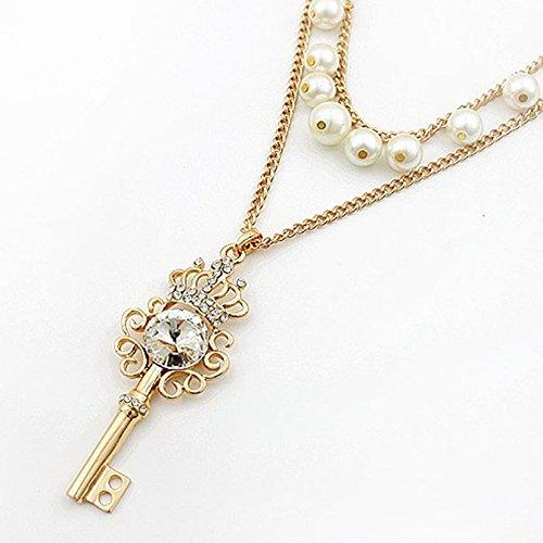 Aokdis (TM) Hot Selling Womens Fashion Rhinestone Crystal Crown Key Necklace Multi Layer Pearl Chain