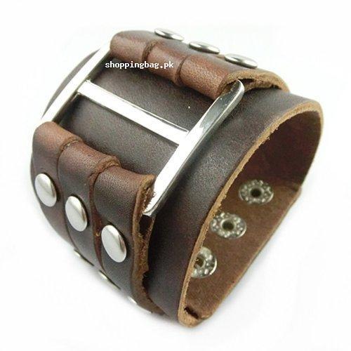 Coffee Men s Rivet Genuine Leather Cuff Wristband Bracelet