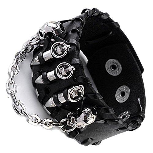 Punk Leather Cuff Wristband Bracelet with Bullet and Skull