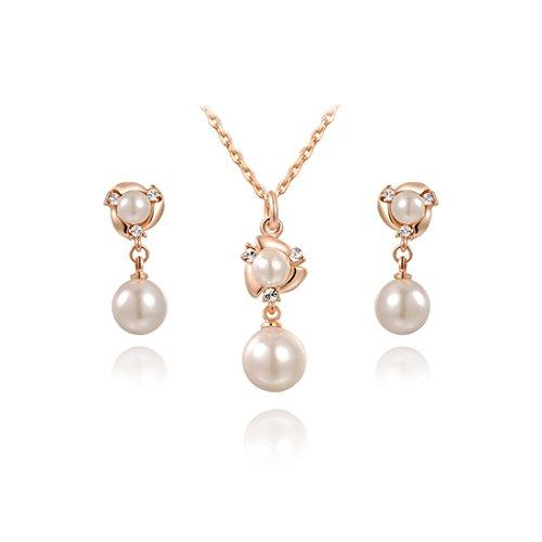 Women s Set Earrings Necklace Three Diamond Pearl