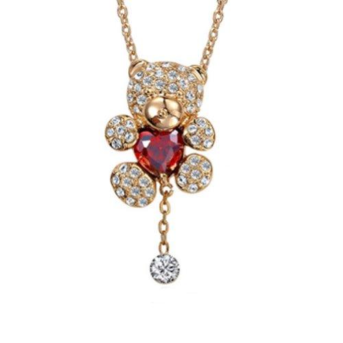 18k Rose Gold Plated Bear Pendant With Heart Ruby and Austrian Crystal Necklace