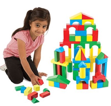 Melissa & Doug Wooden Building Blocks Set - 100 Blocks in 4 Colors and 9 Shapes