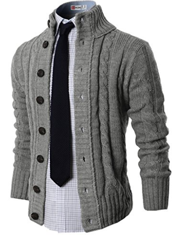 H2H Mens Casual Stand Collar Cable Knitted Button Down Cardigan Sweater