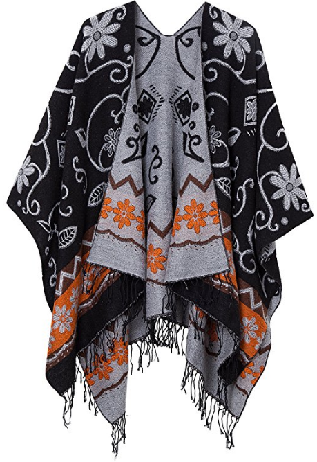 Women's Fashionable Retro Style Vintage Pattern Tassel Poncho Shawl Cape