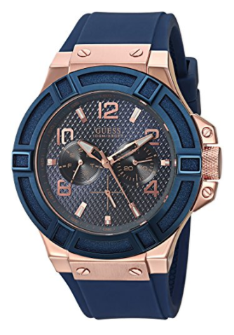 GUESS Men's U0247G3 Rigor Blue & Rose Gold-Tone Silcone Casual Sport Watch