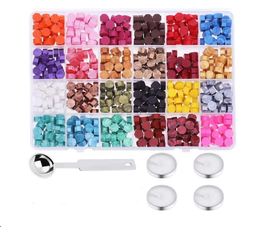 Sealing Wax Beads Kit 624 Pcs with A Wax Spoon and 4 Tea Candles