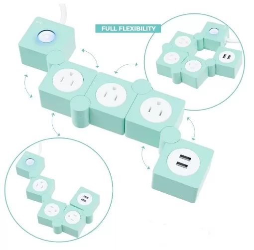 Flexible Power Strip Extender Cord - Color: Mint Green