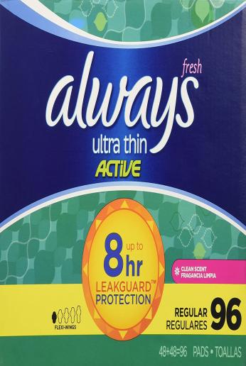 Always Ultra Thin Active Pads, Regular With Flexi-Wings, Clean Scent ,96 Count