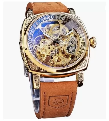 FORSINING Skeleton Automatic Vintage Mechanical Watch with Leather Strap For Men