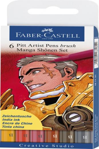 Faber-Castel PITT Artist Manga Brush Pens, Assorted Colors, 6-Pack