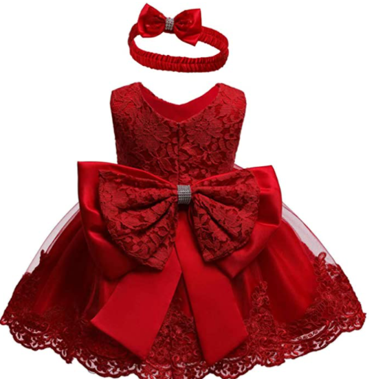 Baby Girls Pageant Lace Dresses Toddler Dress with Headwear - Red, 0-2 Years