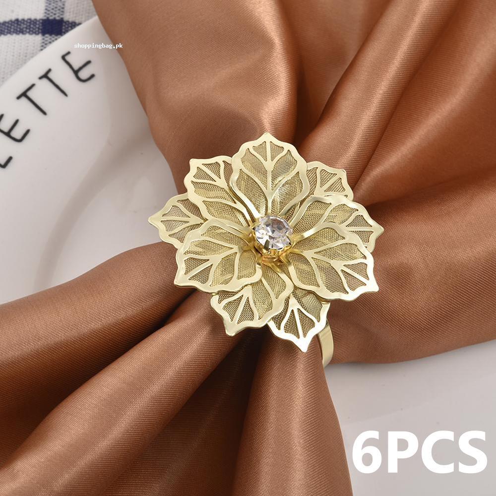 6 Pieces Napkin rings with hollow flowers - Gold