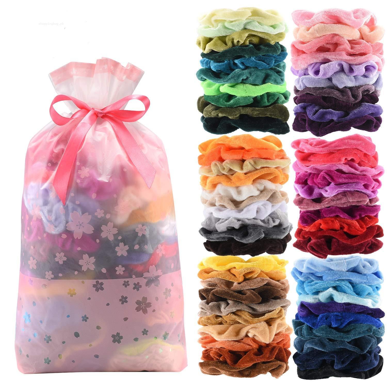 Velvet Hair Bands Scrunchies for Women with Gift Bag - 60 Pcs