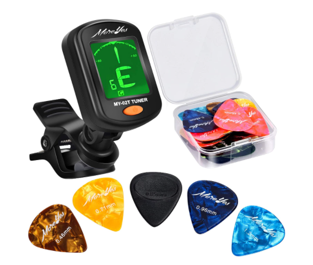 MOREYES 28Pcs Picks with Clip-on Chromatic Digital Guitar Tuner - Bass