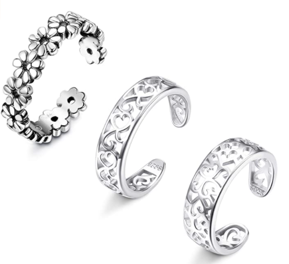 Sllaiss 925 Adjustable Sterling Silver Toe Rings for Women - 3Pcs Foot Jewelry