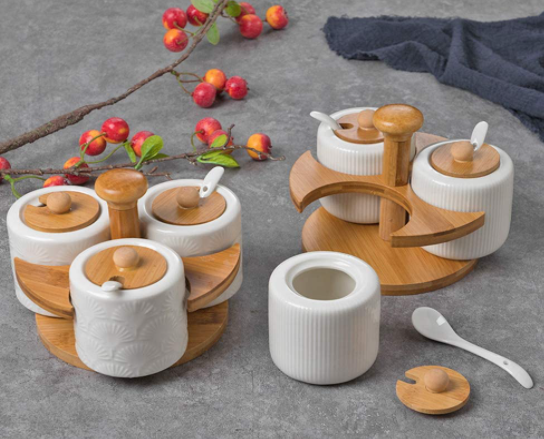 Floatant Ceramic Condiment Spice Rack Set with Wooden Lids and Base