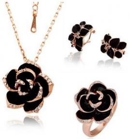 Black Flower earring, necklace, ring jewelry set