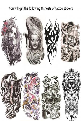 MyFav 8 Sheets Fashion Body Stickers Arm Shoulder Make Up For Man Women Temporary Tattoo - Buddha, Elephant, Eagle eye, Fish, Beauty and the Beast Etc.