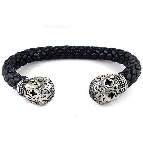 Leather Men Bracelet with Steel Skull Charms