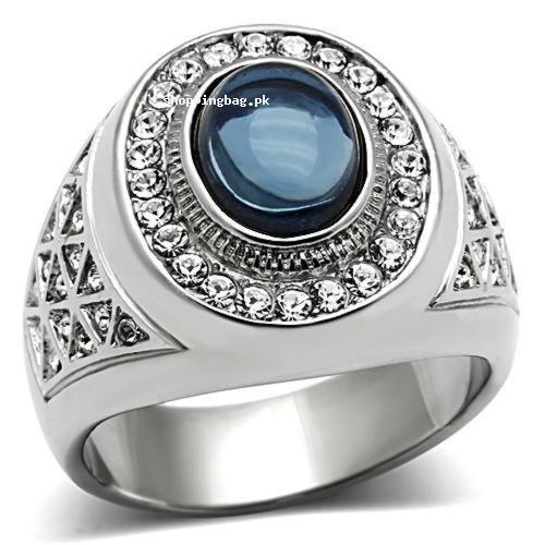 Men Stainless Steel Dark Blue Oval Ring