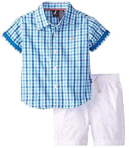 Nautica Baby-Boys Infant 2 Piece Short Sleeve Small Plaid with Drawstring Short, Turquoise, 12 Months