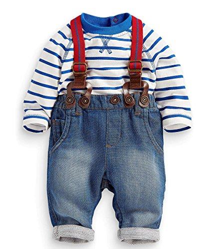 New Born Baby Kids Unisex Blue Stripe Top + Jeans Braces 2pcs Clothes Set Outfits