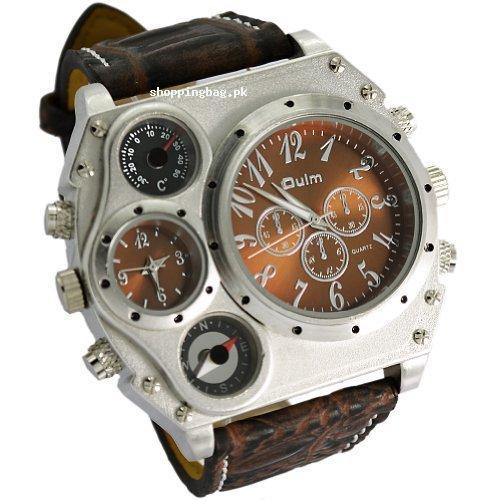 Oulm Analog 4 Sub-dials Men Watch with Dark Brown Leather Strap