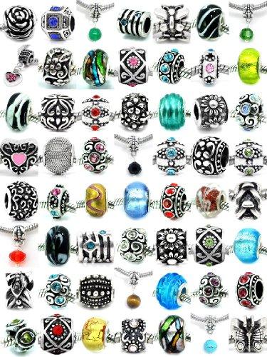 Pro Jewelry Pack of Assorted Silver Charms, Crystal Bead Charms, Glass Beads and Spacers for Snake Chain Charm Bracelets
