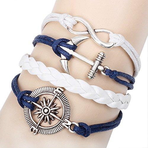 Silver Infinity Anchor Love Charms Leather Rope Knit Wrap Bracelet White Black