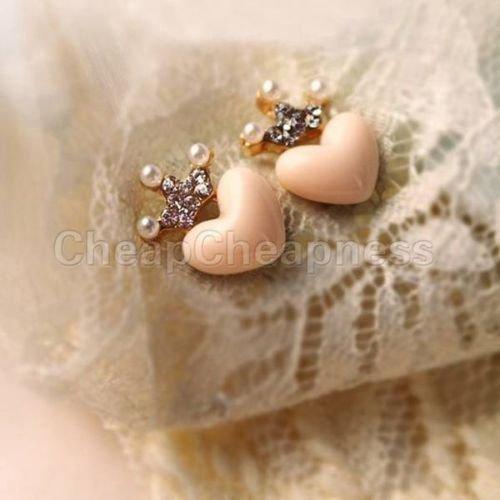 Sweet Korean Fashion Lady Girls Rhinestone Crown Love Heart Stud Earrings Pin