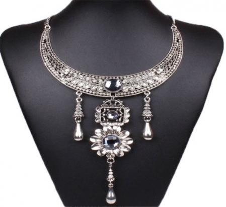 Tibet Silver Bib Statement Choker Chunky Tribal Rhinestone Necklace