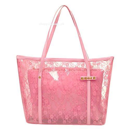 Pink Lace Beach Shoulder Handbag with Small Cosmetic Bag