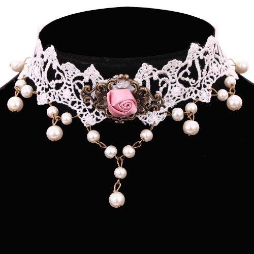 Yazilind Jewelry White Lace Pink Rose Retro Metal Venetian Pearl Adjustable Collar Necklace for Women
