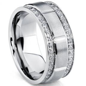 Men's Titanium Wedding Band Ring with Double Row Cubic Zirconia, Comfort Fit Sizes