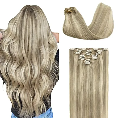 GOO GOO Hair Extensions Clip in Human Hair Ash Blonde Highlighted Platinum Blonde 120g 18 Inch Remy Clip in Hair Extensions 7pcs Straight Natural Thick Hair Extensions for Women