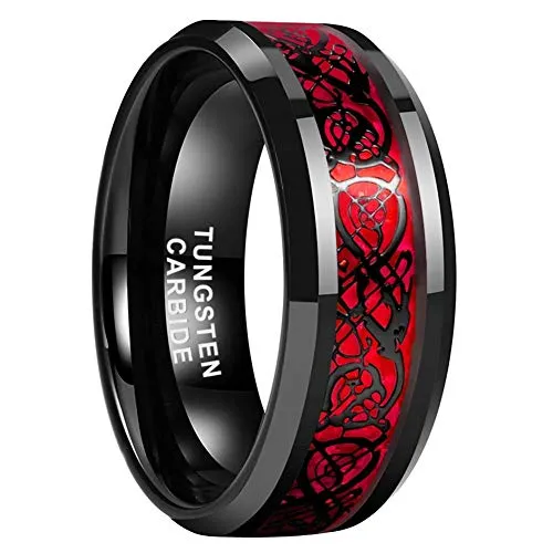 iTungsten 8mm Black Tungsten Carbide Wedding Bands for Men Women Engagement Rings Celtic Dragon Red Carbon Fiber Inlay Beveled Edges Comfort Fit
