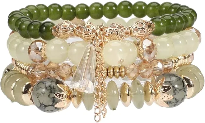 4Pcs Bohemia Multilayer Stackable Beaded Bracelets Set Colorful Crystal Stone Gold Beaded Stretch Bracelets Hawaii Charm Bracelet for Women Men Summer Beach Boho Vacation Jewelry Gifts