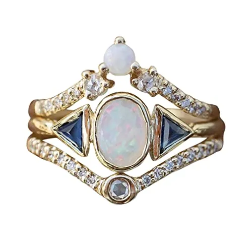 3PCS Ring Set Natural Diamond Rings White Simulated Opal Engagement Ring Matching Set Y2k Stackable Rings Engagement Promise Rings Mother's Day Birthday Gift Jewelry for Women Girls Mom Her