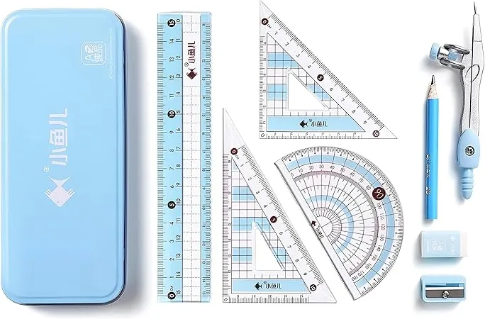 8 Pieces Math Geometry Kit Set Student Supplies with Shatterproof Iron Box Geometry Set for School, Includes Ruler, Protractor, Compass, Pencil, Pencil Sharpener and Eraser, etc