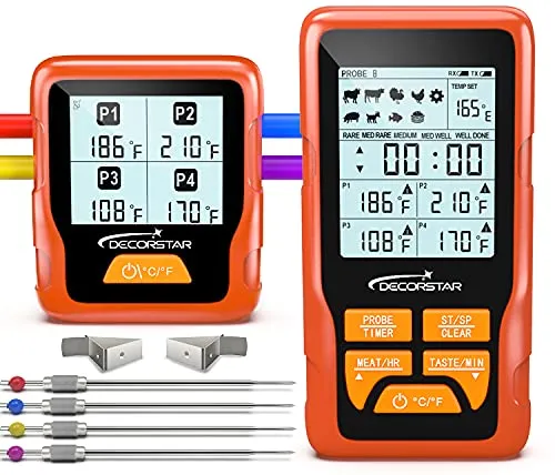 Meater Thermometer Wireless, DecorStar 4 Probes Grill Thermometer with Backlight Timer and Temp Alarm Function, 328ft Remote Monitor Food Thermometer for Grilling, Cooking, BBQ and Smoker Meater Thermometer Wireless, DecorStar 4 Probes Grill Thermometer with Backlight Timer and Temp Alarm Function, 328ft Remote Monitor Food Thermometer for Grilling, Cooking, BBQ and Smoker