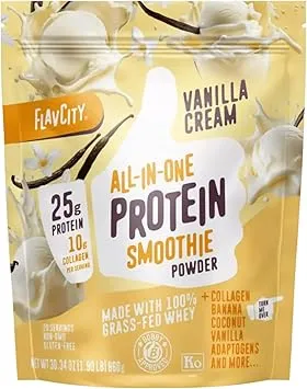 FlavCity Vanilla All in One Protein Shake Powder - On the Go Meal Alternative + Collagen Peptides, Reishi & Cordyceps - Focus, Skin, Hair & Joint Support - 100% Grass Fed Whey, 20 Servings