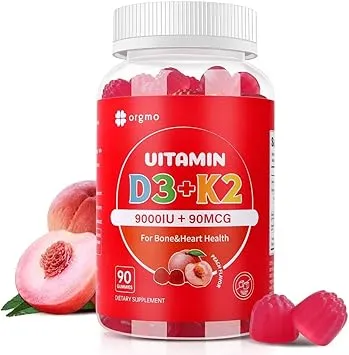 Vitamin D3 K2 Gummies - 90 Count Sugar Free Vitamin D3 9000 IU + K2(MK-7) 90 mcg for Bone & Immune Health, Vegan Chewable K2 D3 Vitamin Supplement for Women Men (Peach Flavor)