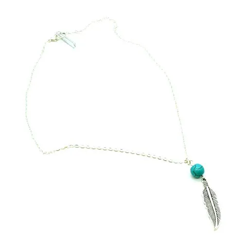 Running With Scissors Turquoise Dangle Feather Necklace, Silver Charm Necklace