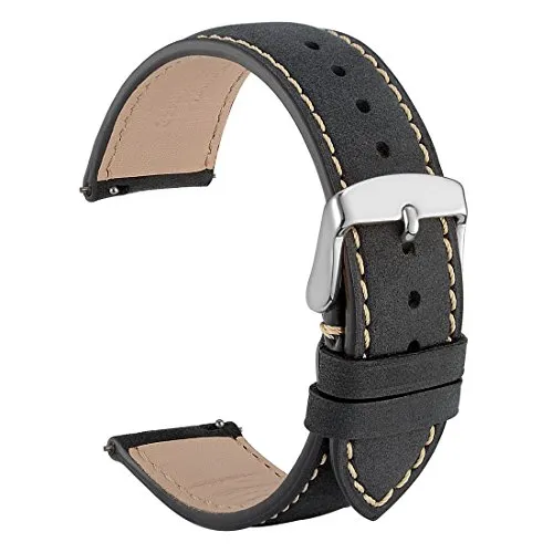 WOCCI 18mm Watch Band Quick Release - Suede Vintage Leather Watch Strap Black with Silver Buckle