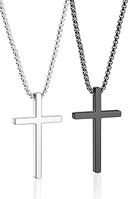 Romass Easter Basket Stuffers 2 Pcs Cross Necklace for Men Boys, Stainless Steel Pendant Silver Black Gold Crosses Chain Jewelry Gifts Box 16-30 inches