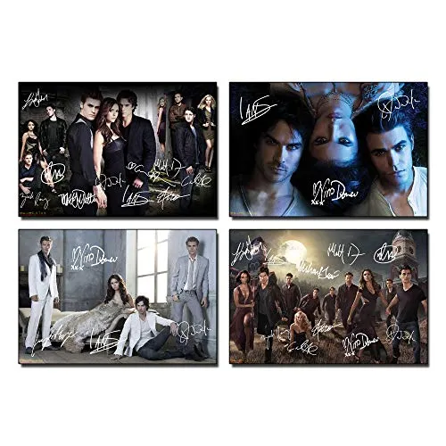 Pentagonwork Vampire Diaries TV Show Posters Set of 4 pcs, Casts Autographed Reprint 8.3x11.7 A4 Textless Prints TV Series Season, Ian Somerhalder Nina Dobrev Signed, 058-S02