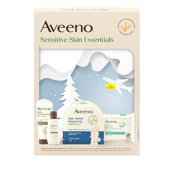 Aveeno Sensitive Skin Essentials Gift Set with Daily Moisturizing Lotion, Body Wash, Calm + Restore Makeup Removing Wipes, & Skin Relief Repairing Hand Mask, 4 Items Aveeno Sensitive Skin Essentials Gift Set with Daily Moisturizing Lotion, Body Wash, Calm + Restore Makeup Removing Wipes, & Skin Relief Repairing Hand Mask, 4 Items