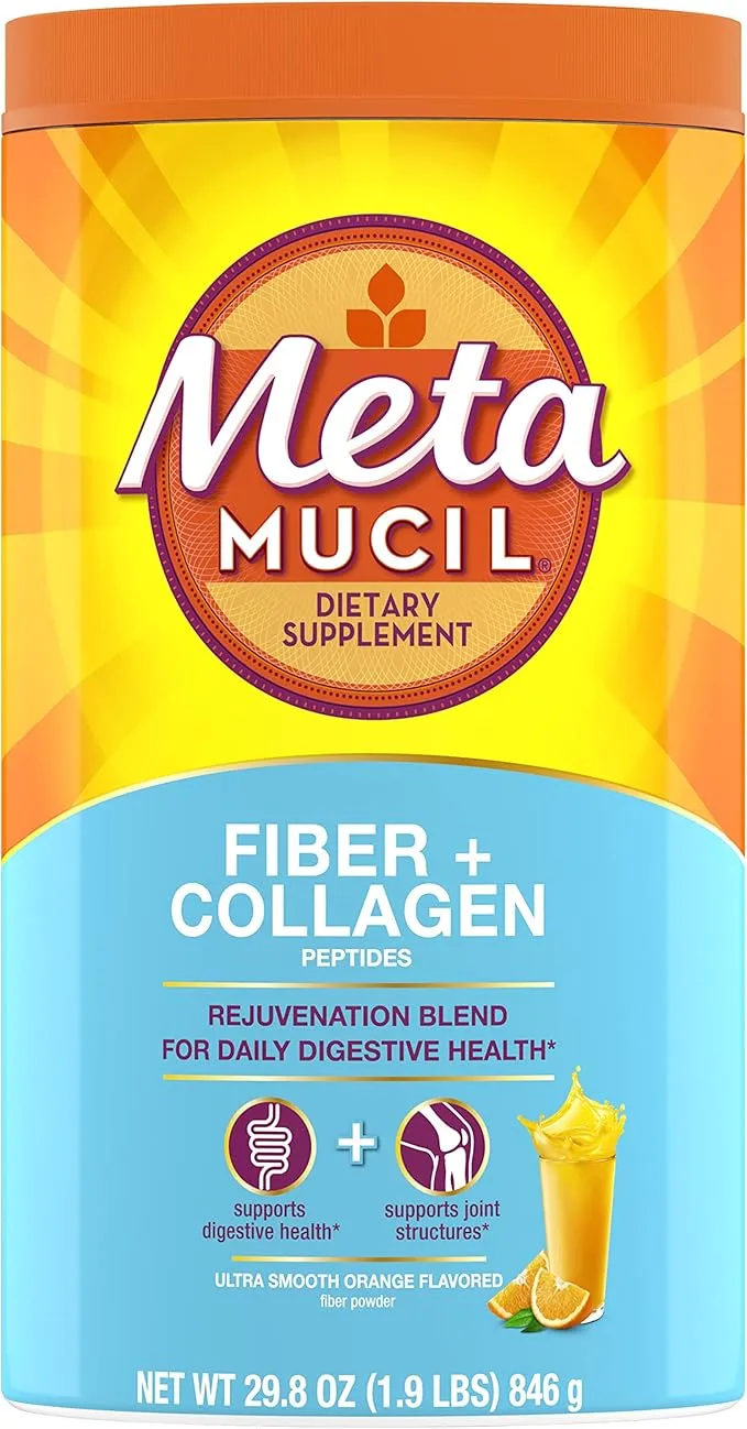 Metamucil Daily Fiber + Collagen, Psyllium Husk Powder, Plant Based Fiber Supplement, Sugar-Free with Stevia, 3-in-1 Fiber Supplement for Digestive Health, Orange Flavored, 90 Doses Metamucil Daily Fiber + Collagen, Psyllium Husk Powder, Plant Based Fiber Supplement, Sugar-Free with Stevia, 3-in-1 Fiber Supplement for Digestive Health, Orange Flavored, 90 Doses